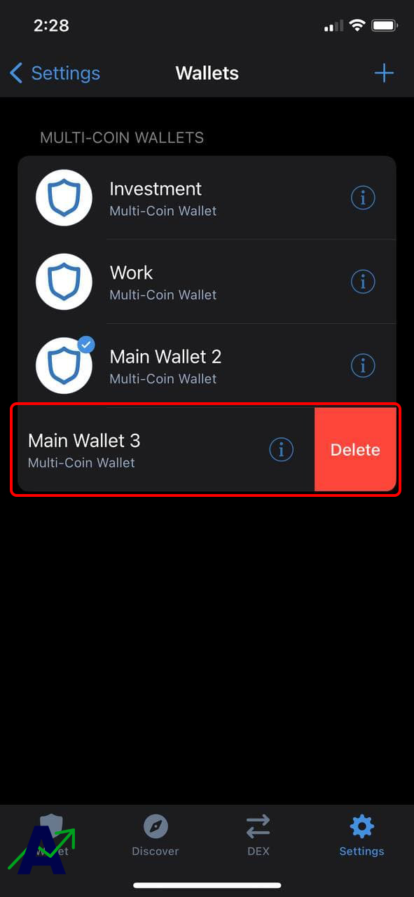how to delete trust wallet account - swipe left
